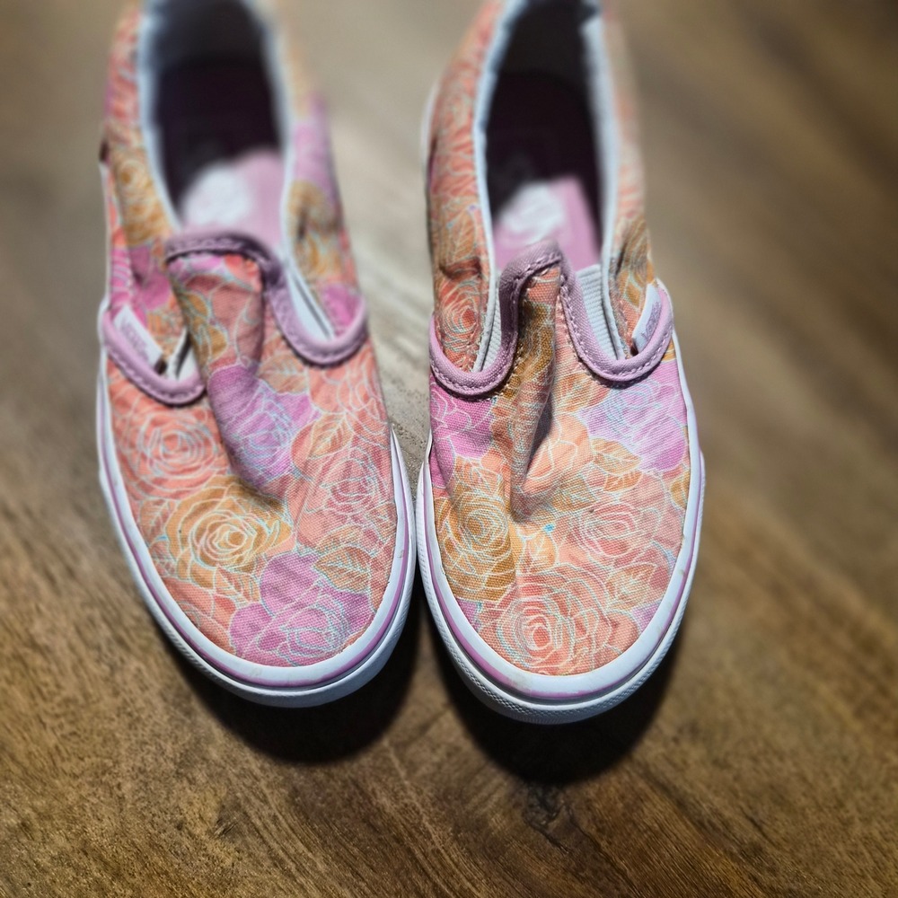 Vans Kids Classic Slip-On Floral Rose‎ Pink Orange Canvas Sneakers Low Top 12.5